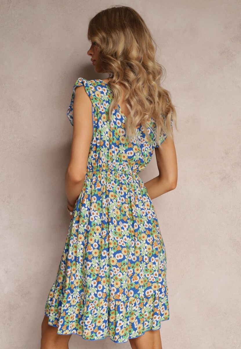 Zielono-Granatowa Bawełniana Sukienka Mini z Gumką w Talii w Kwiaty Ariellia