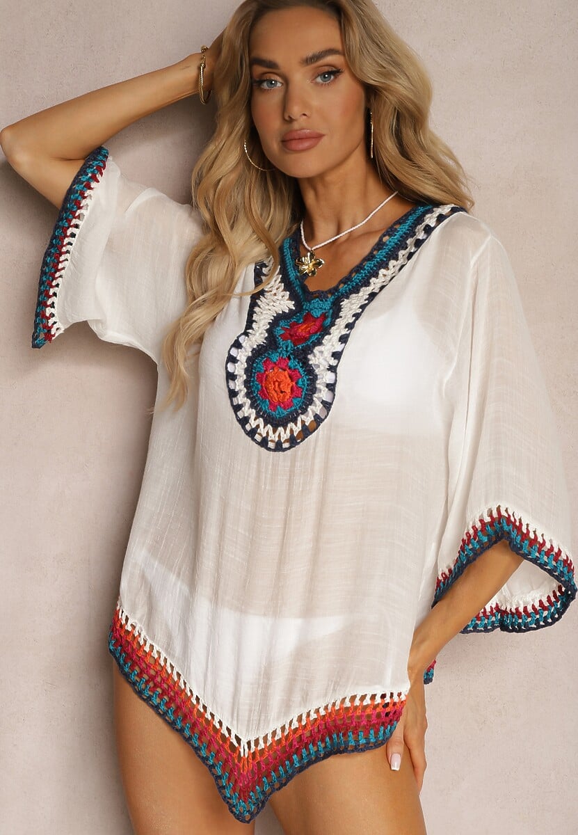 Biała Bluzka Narzutka w Stylu Boho z Rękawem 3/4 Dimiara