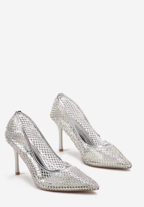 Srebrne Transparentne Szpilki z Ozdobną Siateczką z Cyrkonii i Metalicznym Obcasem Imenta