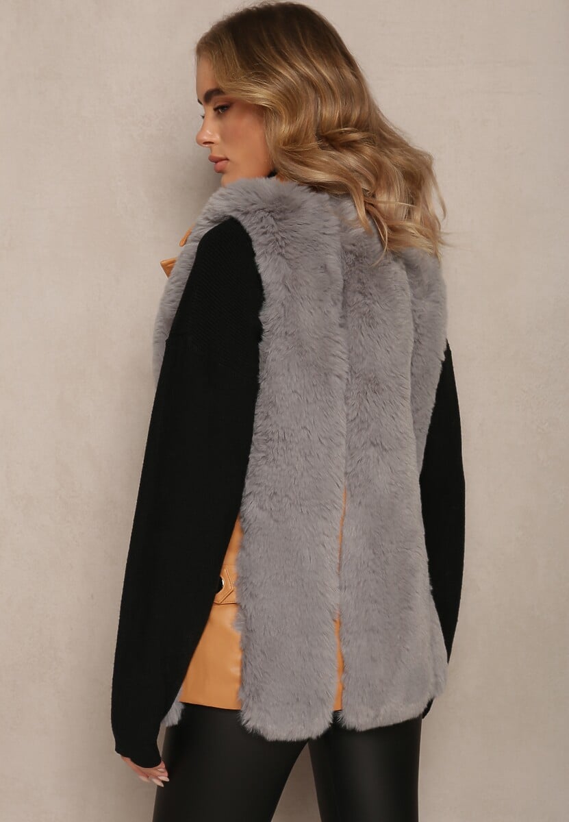 Szara Futrzana Kamizelka ze Wstawkami z Imitacji Skóry Plinia