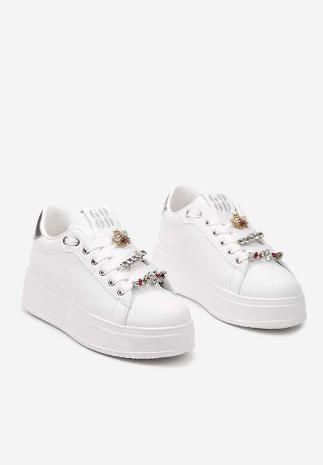 Biało-Srebrne Sneakersy na Platformie Ozdobione Odpinanymi Aplikacjami z Cyrkonii Neishi