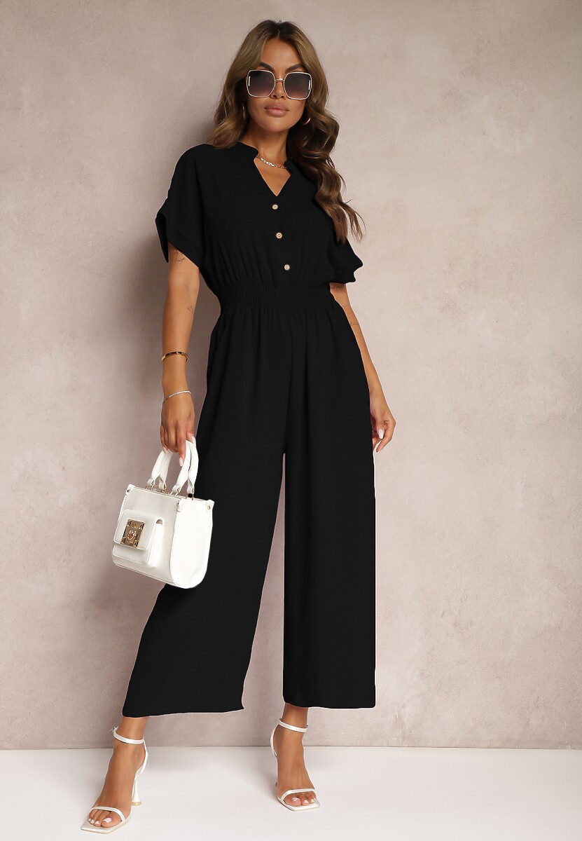 Czarny Taliowany Kombinezon z Wiskozy Zapinany na Guziki Frisea