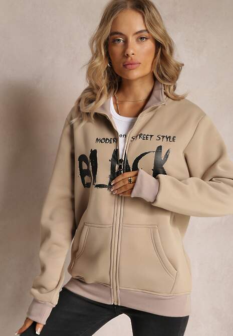 Jasnobeżowa Bluza Zapinana na Suwak z Kieszeniami i Półgolfem Ubaviela
