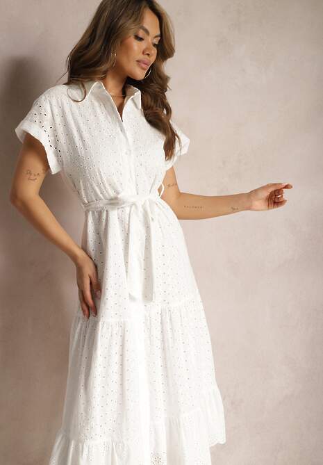 Biała Koszulowa Sukienka z Ażurowej Bawełny Wiązana w Talii Lulilena