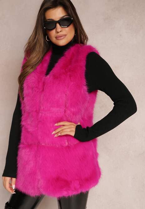 Fuksjowa Puchata Kamizelka z Futerka Ozdobiona Imitacją Skóry Tekllesa