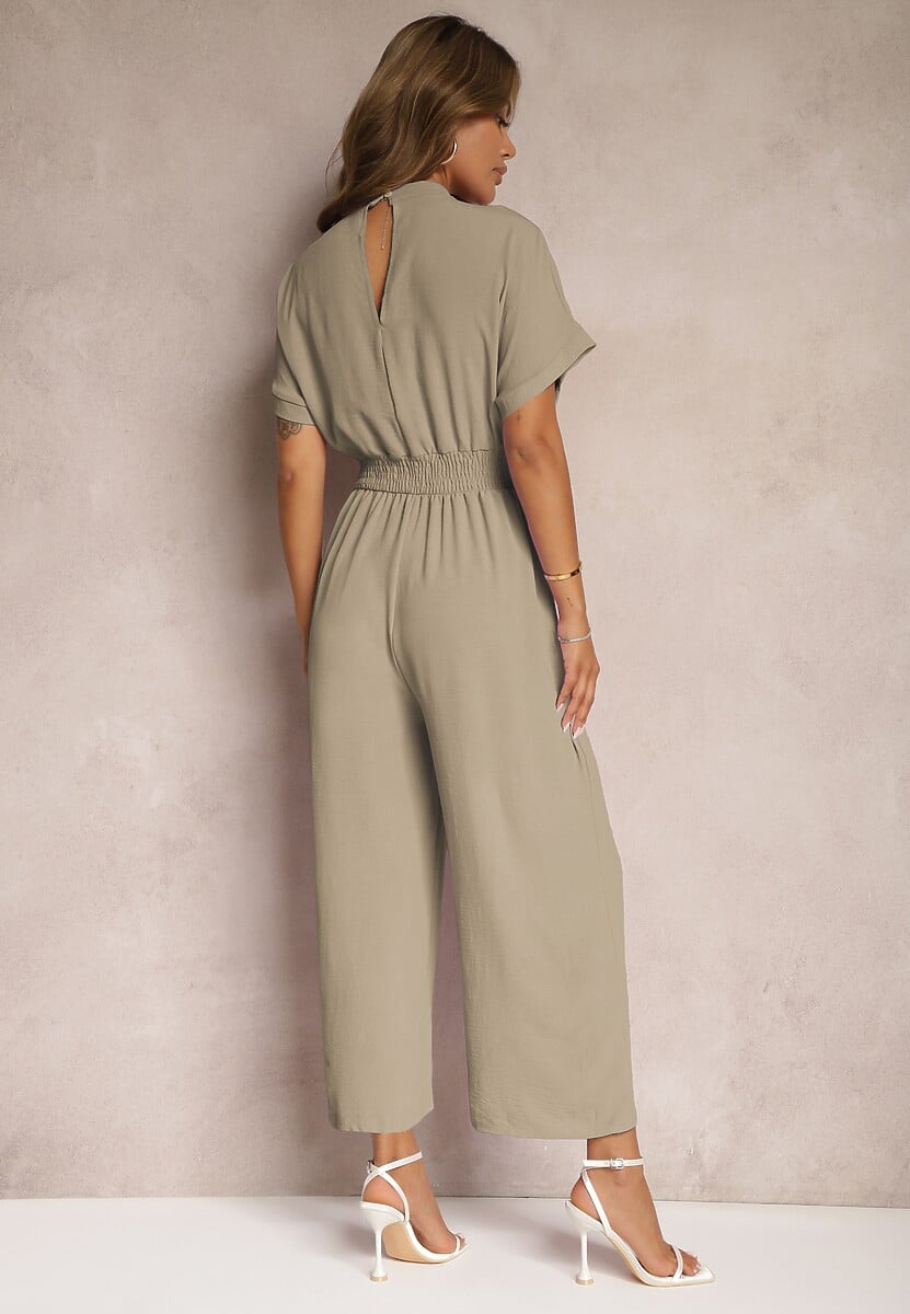 Ciemnozielony Taliowany Kombinezon z Wiskozy Zapinany na Guziki Frisea