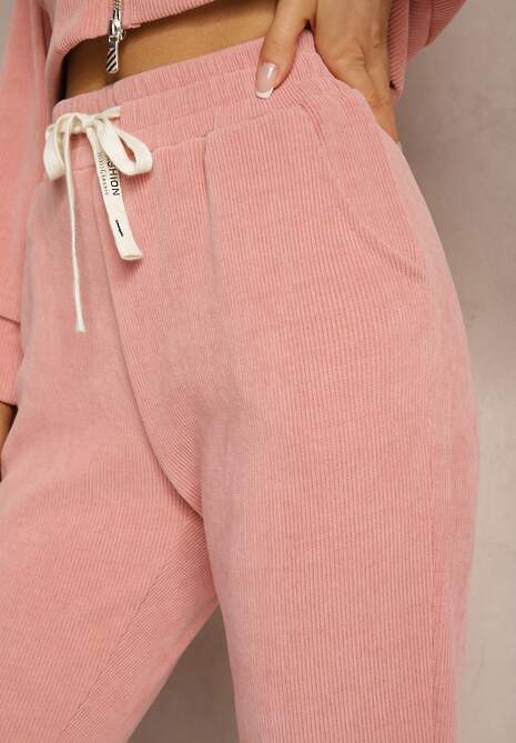 Różowe Dresowe Spodnie z Dodatkiem Bawełny High Waist z Gumką w Pasie Pesaria