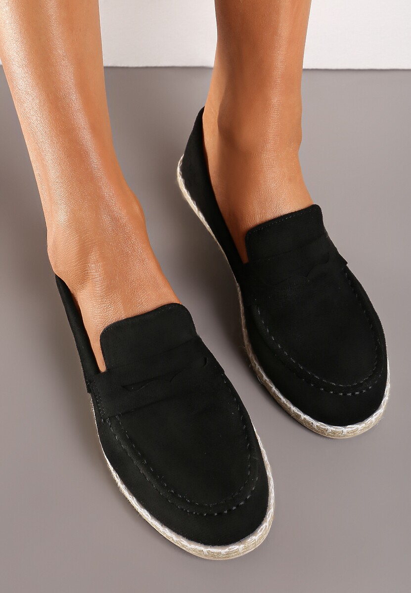 Czarne Mokasyny na Plecionej Podeszwie z Imitacji Zamszu Viadara