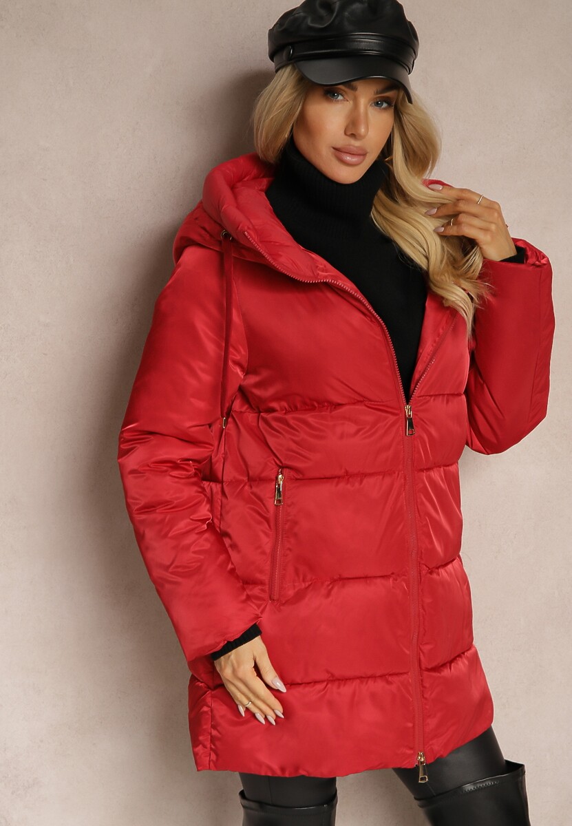 Czarna Pikowana Kurtka o Długim Kroju z Kapturem Toriola