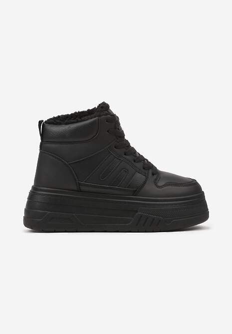 Czarne Sneakersy na Platformie Mocno Ocieplane Futerkiem Lealwen