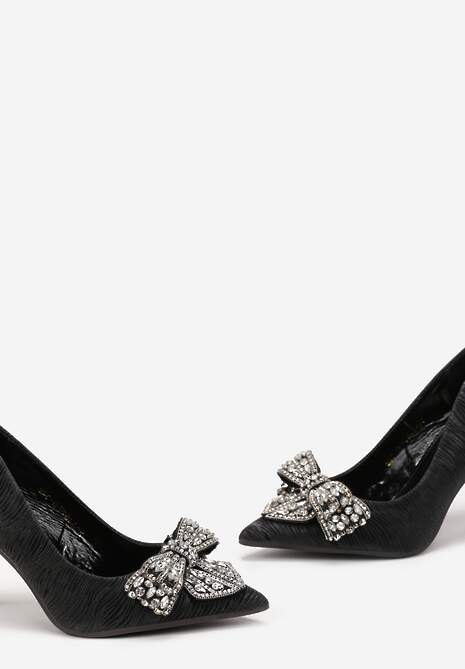 Czarne Szpilki z Noskiem w Szpic i Kokardą w Cyrkonie Fawnia