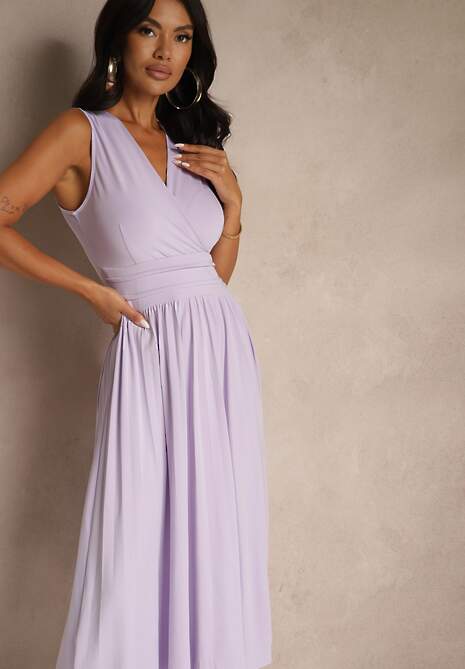 Fioletowa Sukienka z Kopertowym Dekoltem i Plisowanym Dołem Anamarie