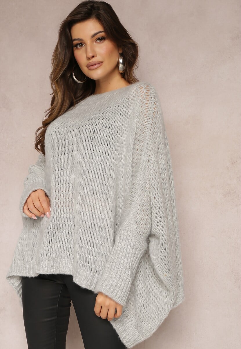 Bordowy Luźny Sweter Dzianinowy w Stylu Ponczo Nattava