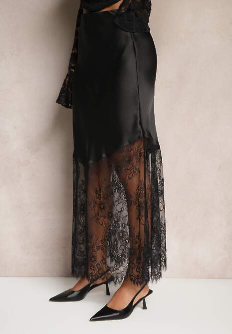 Czarna Koktajlowa Spódnica z Satyny z Koronką Avelori