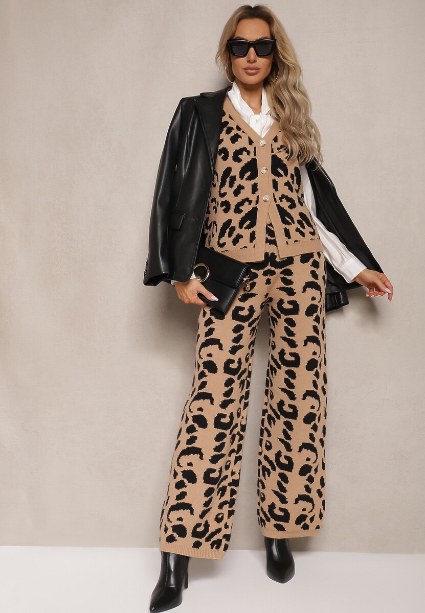 Beżowo-Czarny Komplet w Cętki z Dzianiny z Wiskozą Kamizelka na Guziki i Szerokie Spodnie Elttia