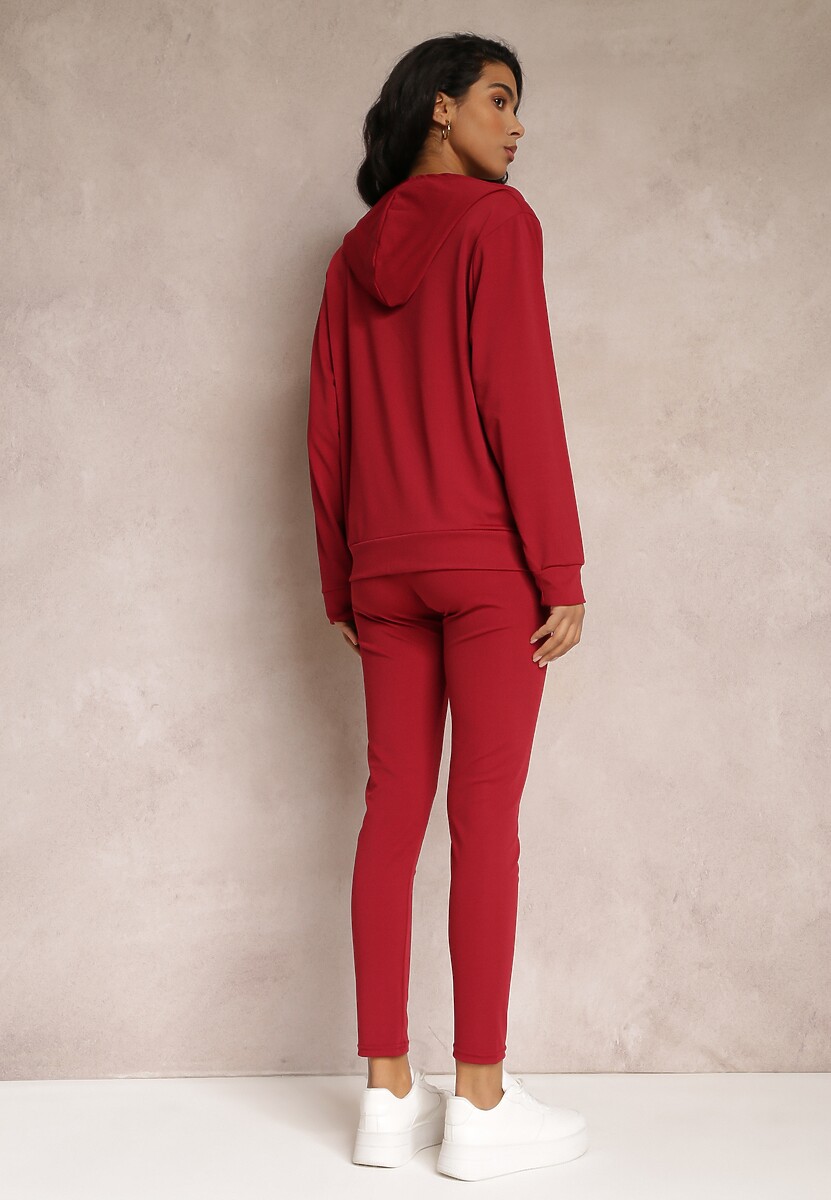 Czerwony 3-częściowy Komplet Legginsy z Gumką w Talii z Topem i Bluzą z Kapturem Lineta