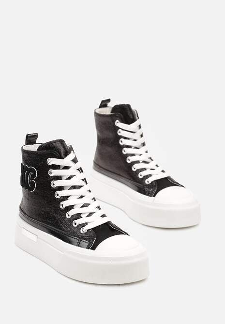 Czarne Trampki za Kostkę na Platformie z Ozdobną Wstawką Mesidra