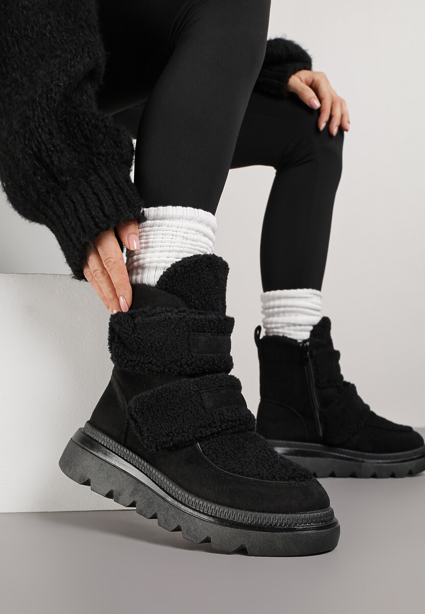 Czarne Botki Typu Śniegowce na Platformie z Dwoma Ozdobnymi Rzepami Edarlia