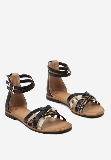 Czarne Płaskie Sandały z Podwójnym Paskiem Wokół Kostki Celadria
