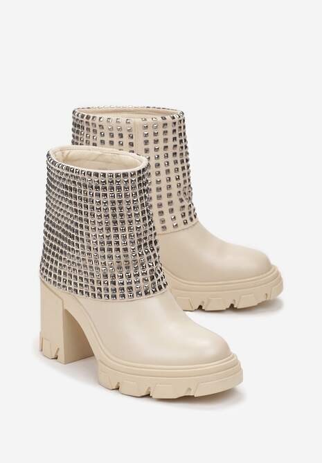 Beżowe Botki z Wywiniętą Cholewką Ozdobioną Cyrkoniami na Platformie i Słupku Felirok