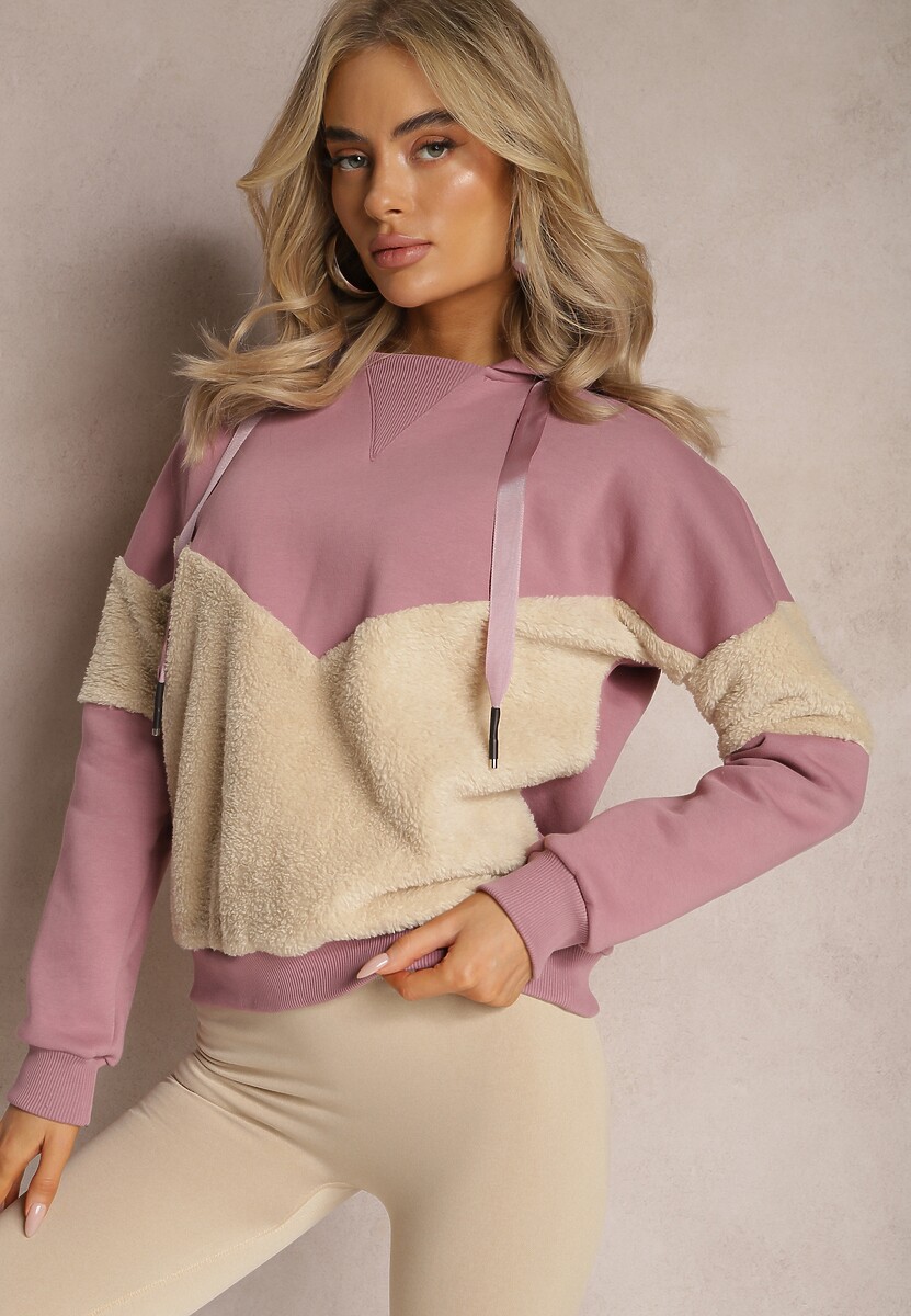 Ciemnoróżowa Bawełniana Bluza z Kapturem ze Ściągaczami i Polarem Eurynia