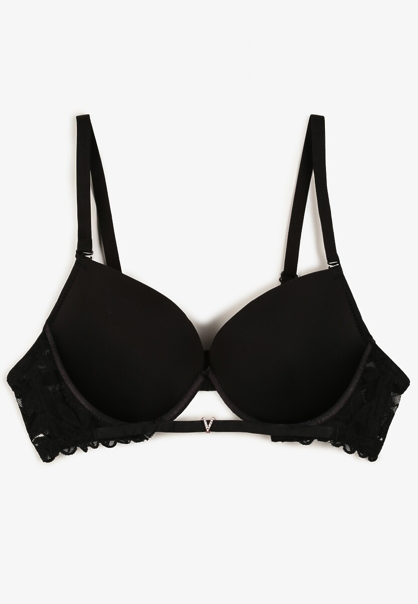 Czarny Biustonosz Push-Up z Koronką i Wycięciem z Przodu Sariaris