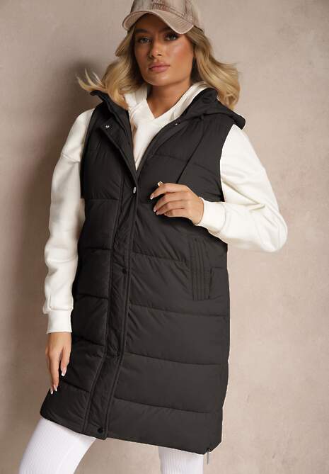 Czarna Kamizelka Pikowana z Kapturem Ozdobiona Sznurkami Eleandra