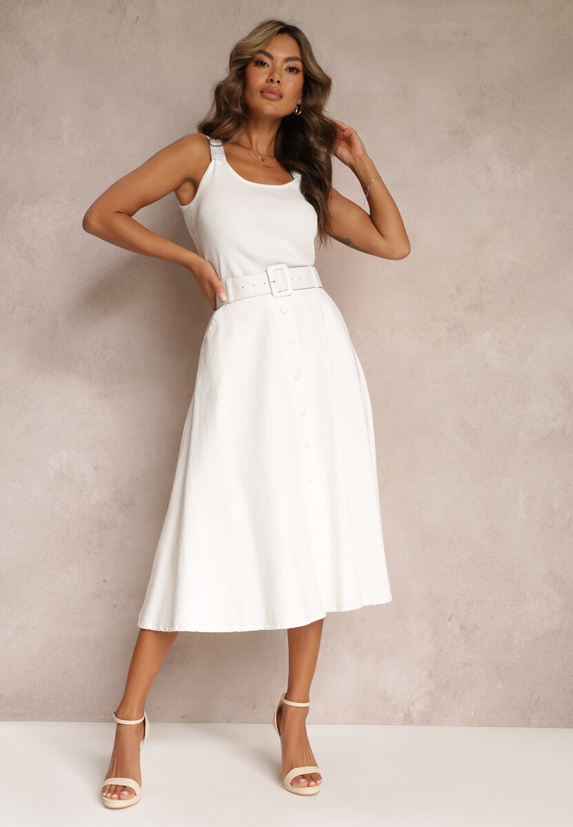 Biała Trapezowa Spódnica Midi z Rozkloszowanym Dołem i Paskiem z Klamerką z Bawełny Marydevi