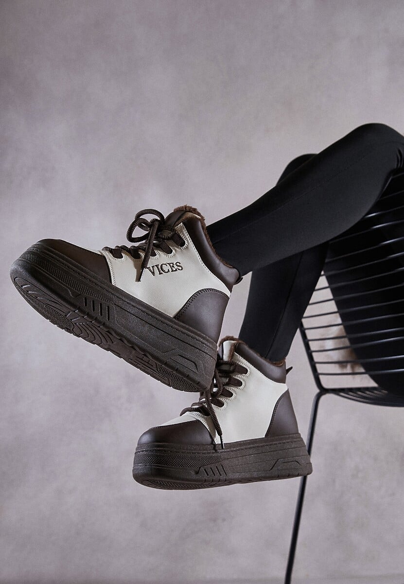 Beżowo-Brązowe Sneakersy na Grubej Podeszwie Mocno Ocieplane Futrem Leavinael