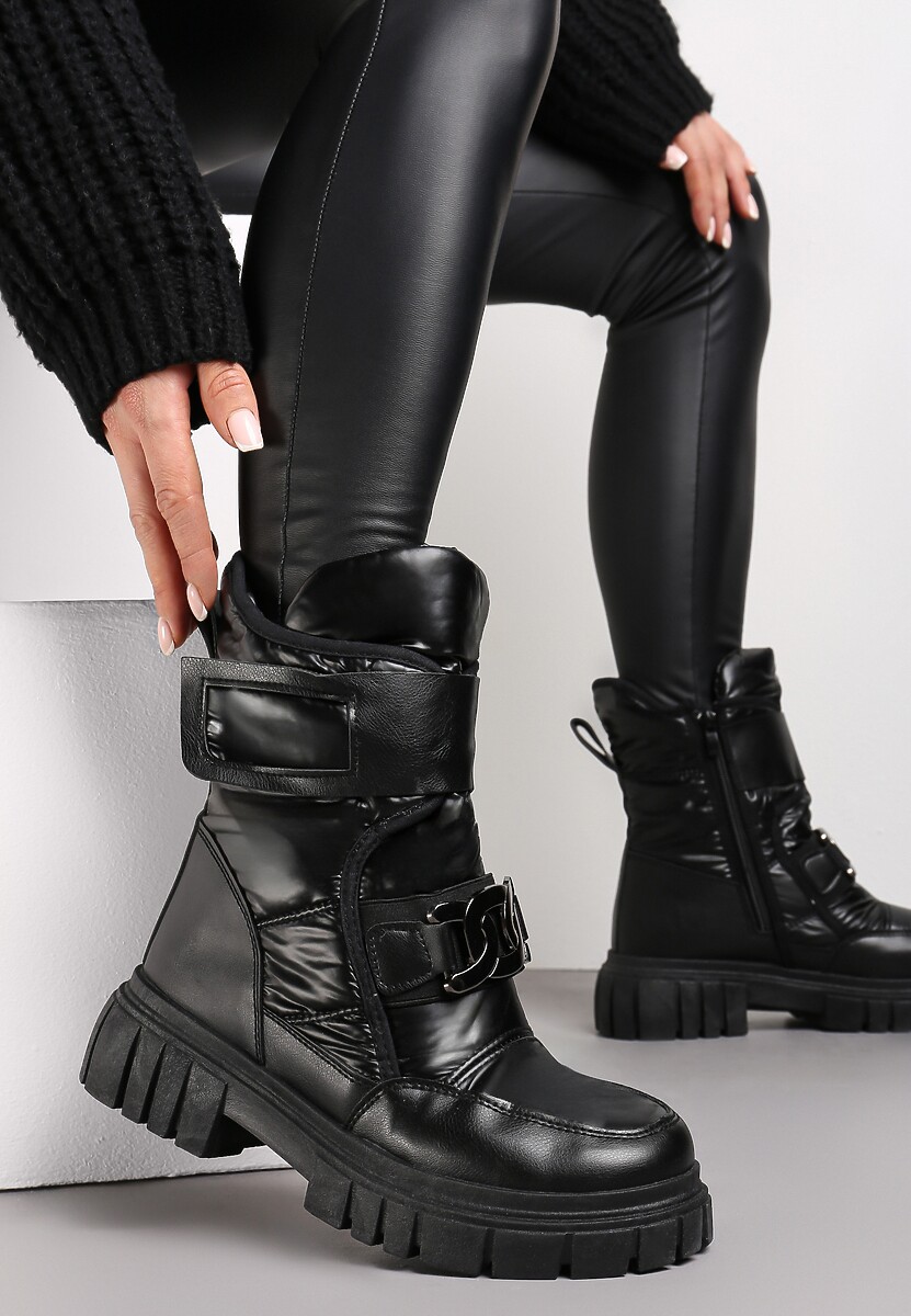 Czarne Pikowane Śniegowce z Klamrą w Kształcie Łańcucha Inaol