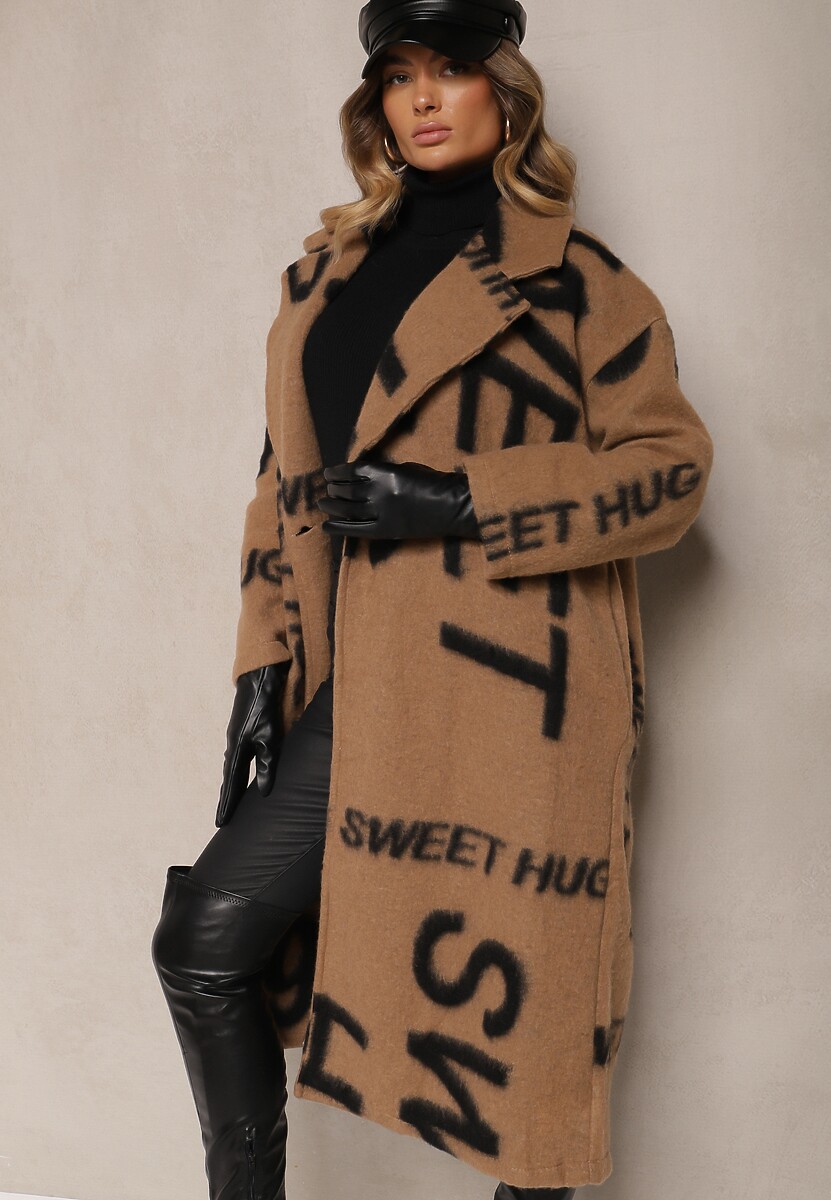 Ciemnobeżowy Luźny Płaszcz Wełniany w Ozdobny Nadruk Misganna
