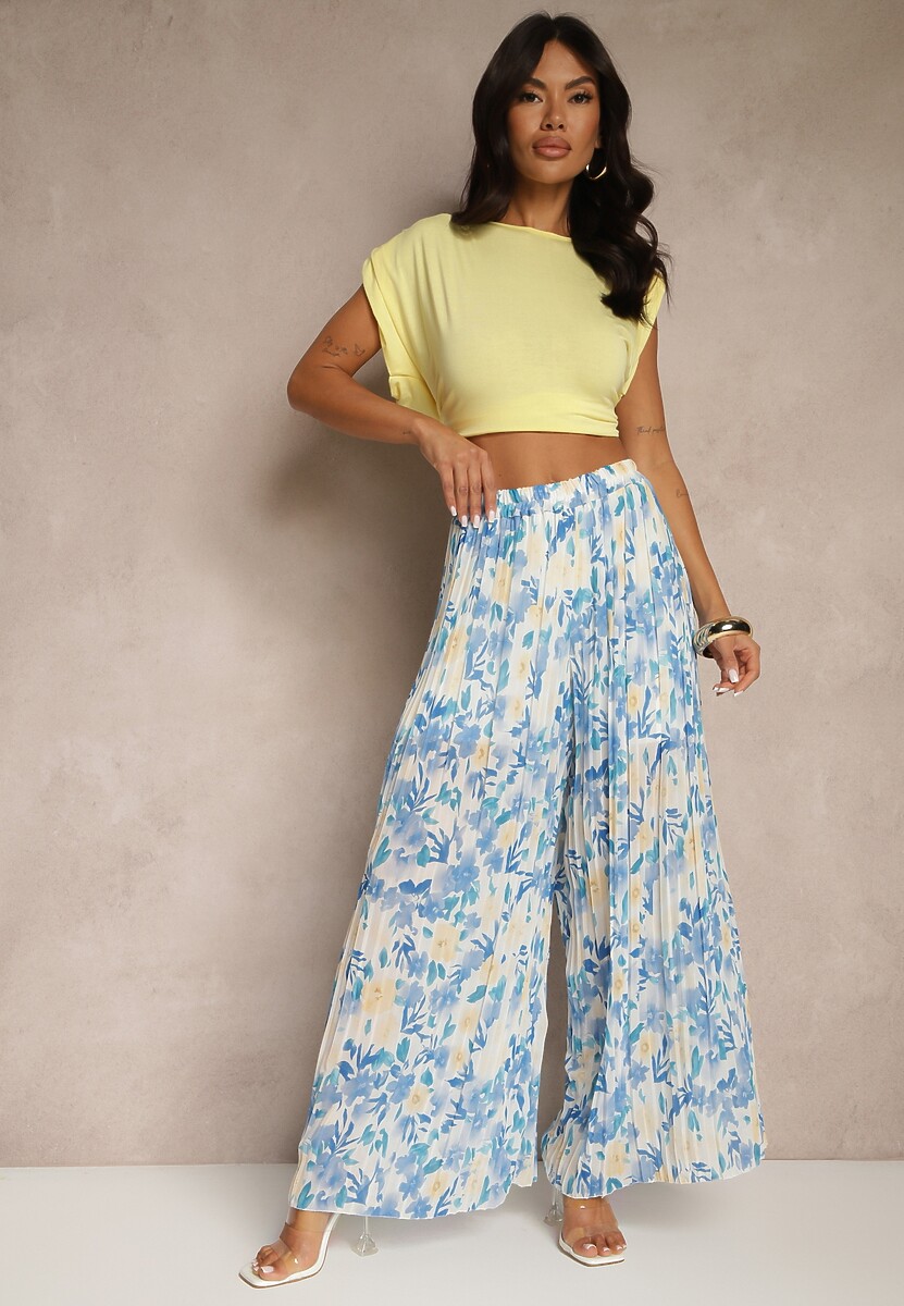 Niebieskie Spodnie High Waist Zdobione Plisami i Kwiatowym Printem Folamea