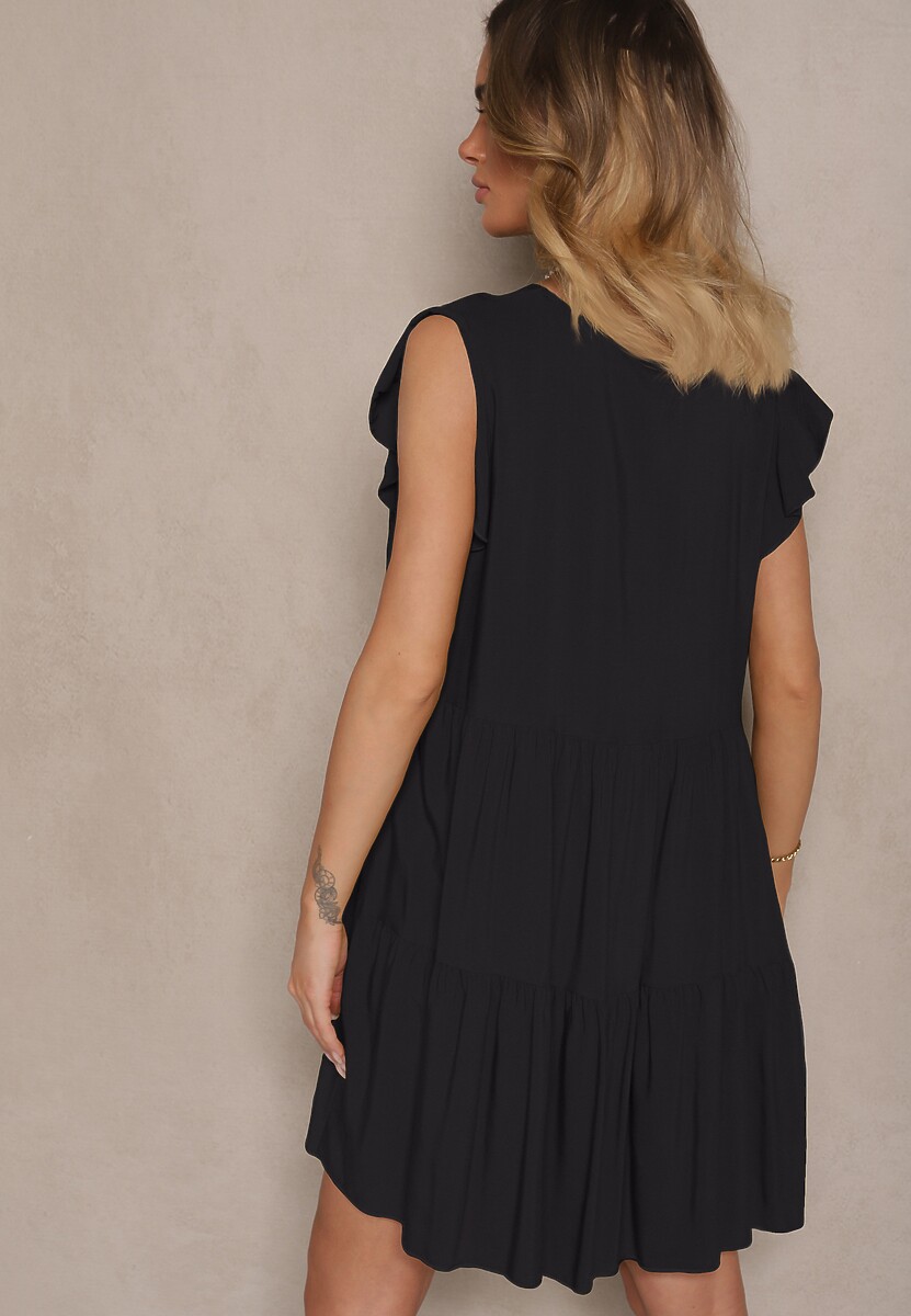 Czarna Bawełniana Sukienka Rozkloszowana z Falbankami Mirlio