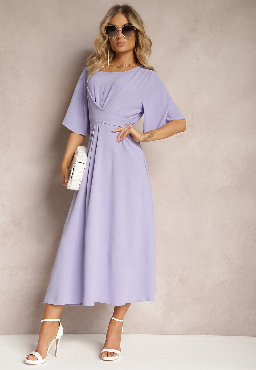 Jasnofioletowa Rozkloszowana Sukienka Maxi z Szerokim Rękawem i Gumką w Pasie Sador