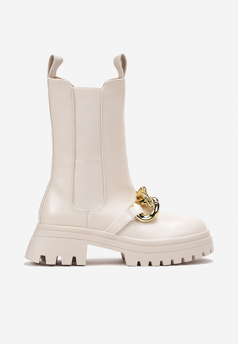 Beżowe Botki Workery na Grubej Podeszwie z Łańcuchem Sylasse