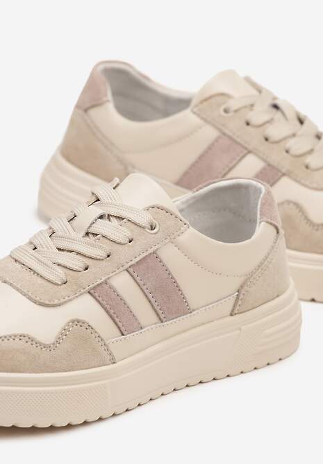 Beżowe Sneakersy ze Skóry Naturalnej Ozdobione Paskami Arabbela