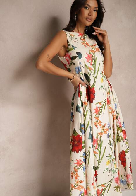 Beżowa Rozkloszowana Sukienka z Bawełny w Kwiatowy Wzór Ilanis