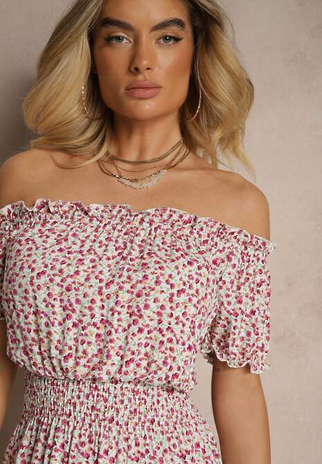 Biało-Czerwona Bawełniana Sukienka z Gumką w Talii o Fasonie Hiszpanki Jazmi