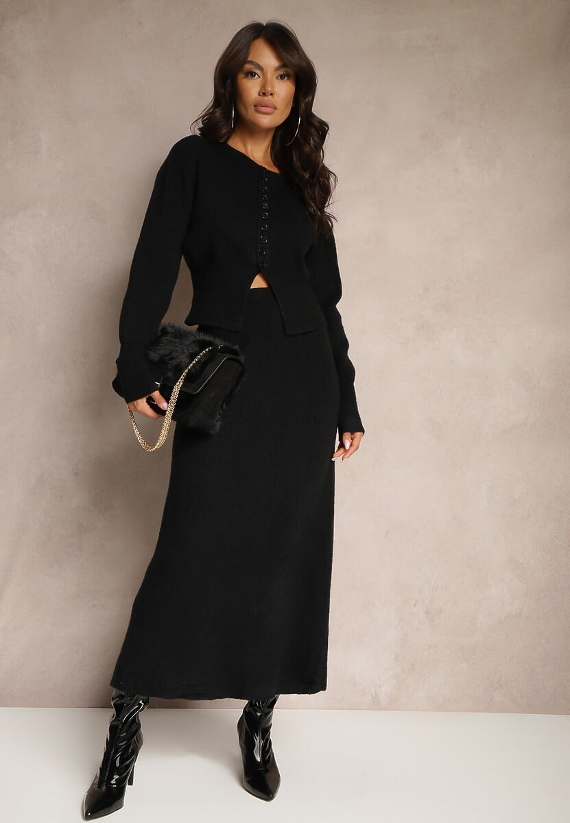 Czarny Komplet z Dzianiny z Wełną Kardigan z Guzikami i Spódnica z Gumką w Talii Melzina