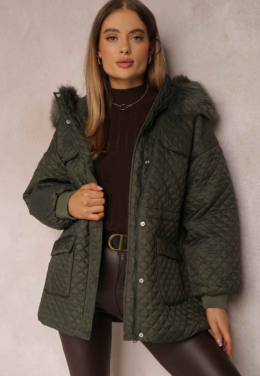Ciemnozielona Kurtka z Futrzanym Kapturem i Drobnym Pikowaniem Obtashe