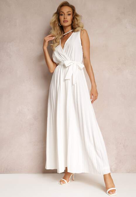 Biała Rozkloszowana Sukienka Maxi z Plisowanym Dołem i Gumką w Talii Sare