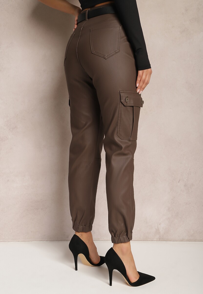 Brązowe Spodnie Cargo z Ekoskóry ze Ściągaczem Selani