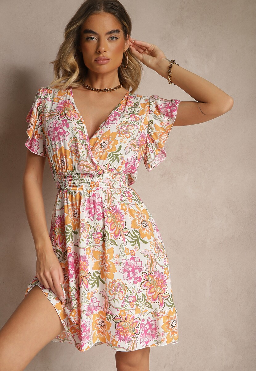 Pomarańczowa Kwiatowa Kopertowa Sukienka z Bawełny Ulosiana