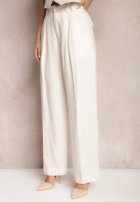 Jasnobeżowe Szerokie Spodnie High Waist z Kieszeniami Keanne