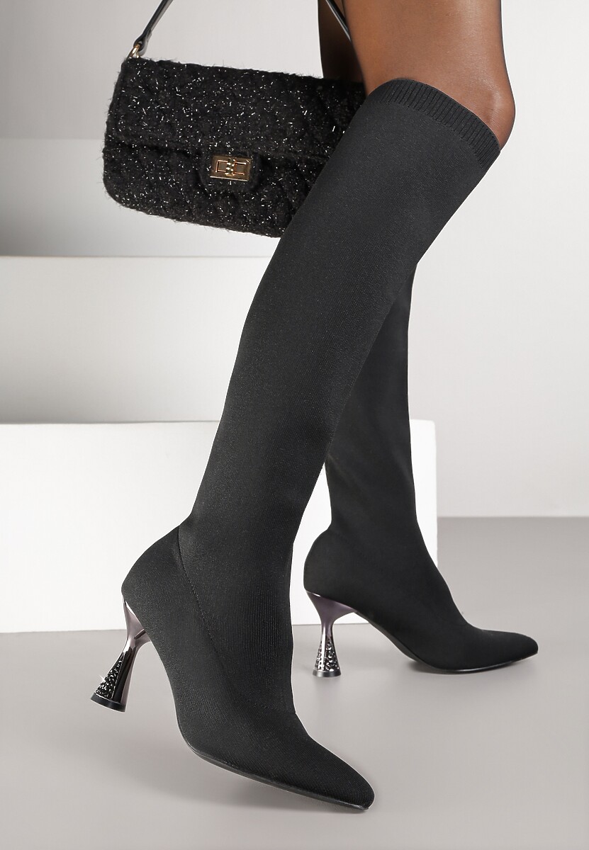 Czarne Kozaki Vices ze Skarpetkową Cholewką na Klepsydrze z Cyrkoniami Gioluna