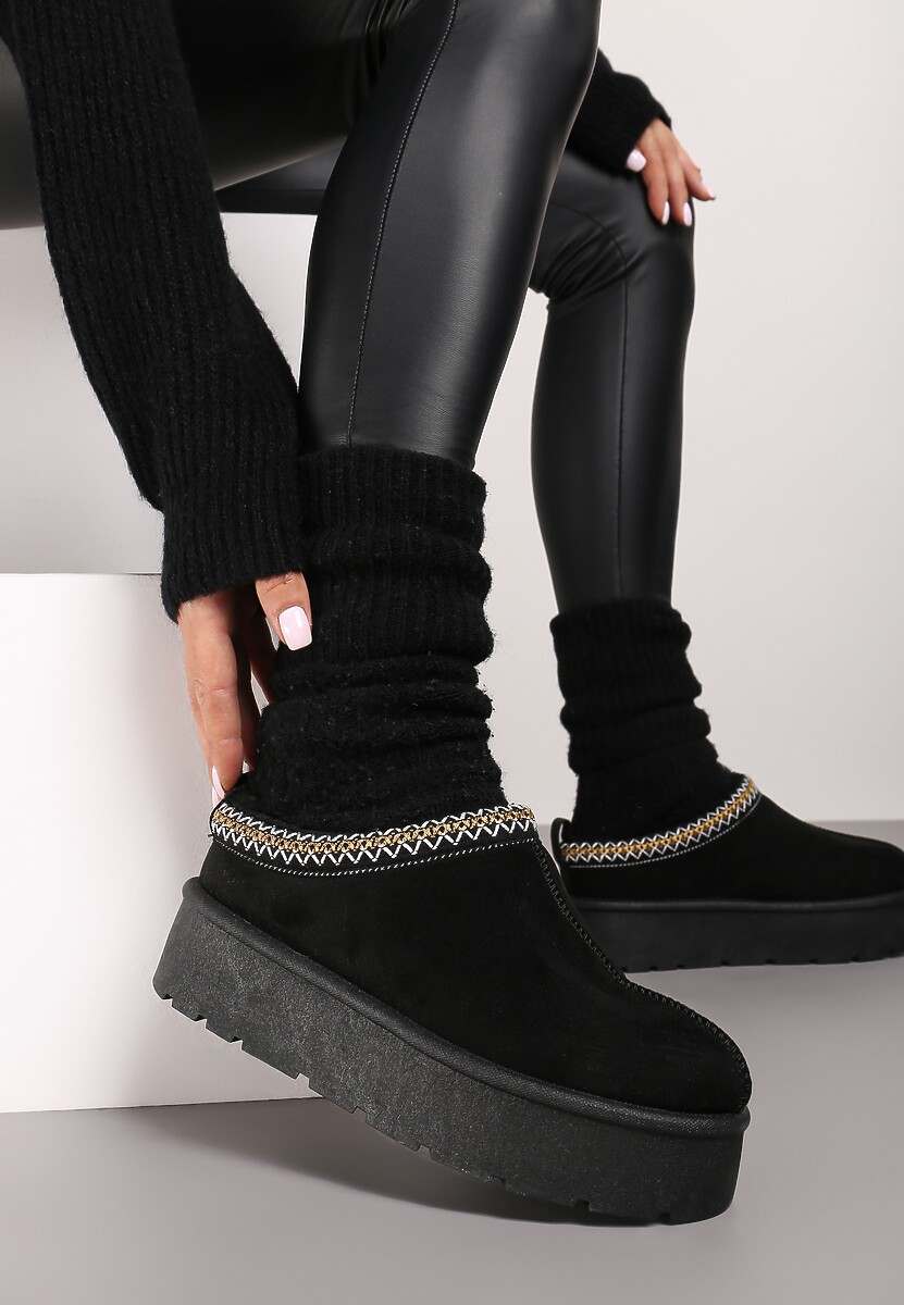 Czarne Śniegowce z Haftowanym Paseczkiem na Platformie Iridalia