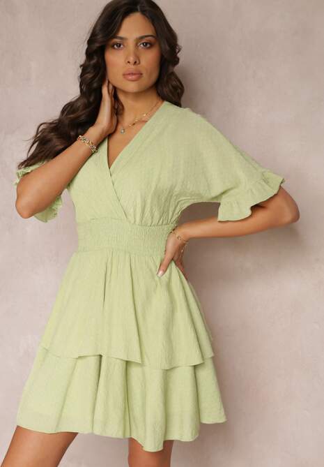 Zielona Zwiewna Sukienka Mini z Falbankami i Szeroką Gumką w Talii Olleanne