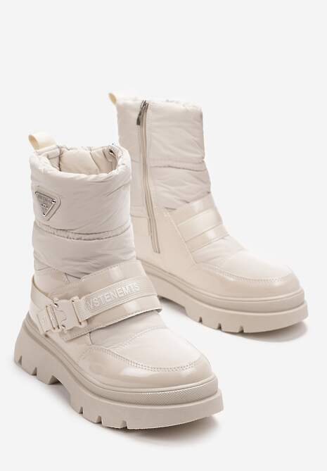 Beżowe Śniegowce Lakierowane z Taśmami z Napisami Ermanno