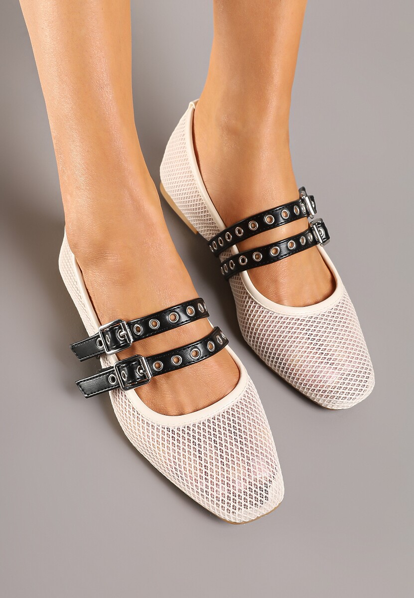 Beżowe Siateczkowe Balerinki z Dwoma Paskami Tirlevi