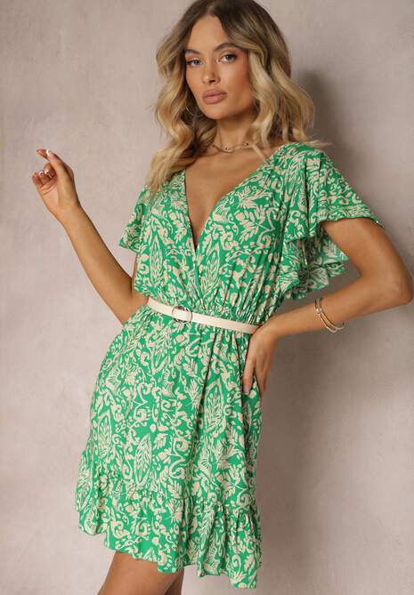 Zielona Sukienka z Bawełny o Rozkloszowanym Kroju Ozdobiona Falbanami i Gumką w Talii Neliaura